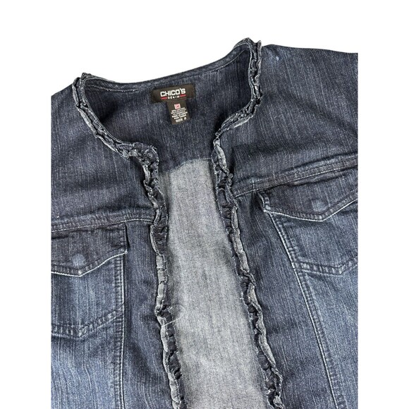 Chico’s Denim Jacket Size 2 Dark Wash Open Front Ruffle Trim Hem Casual Layering - Picture 3 of 11
